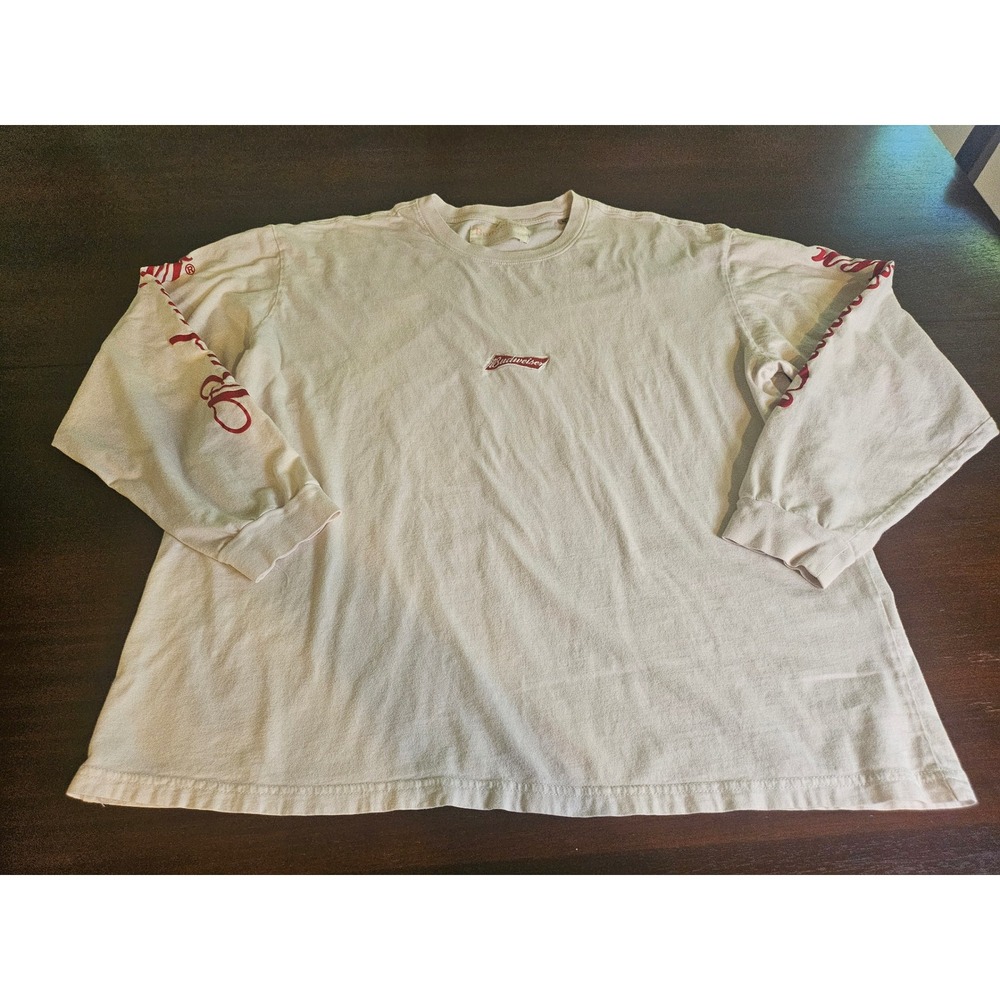 PacSun Budweiser T-Shirt Mens XL Cream Long Sleeve Embroidered Logo Graphic